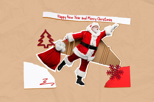 Photo comics sketch collage picture of funky cool santa claus flying delivering new year presents isolated beige color background