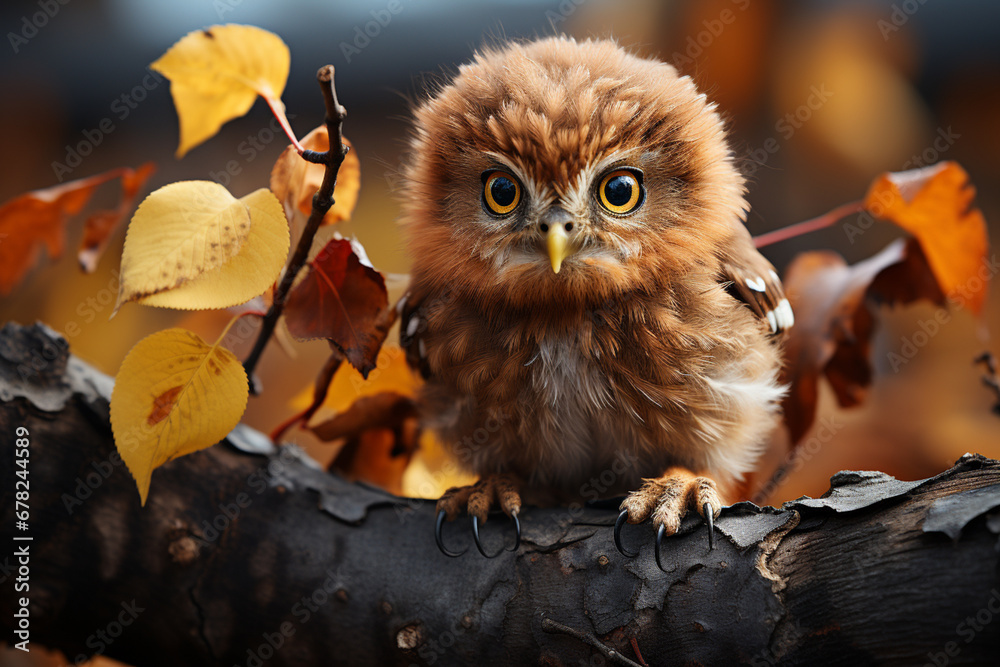 Fototapete a tiny pygmy owl perched on a leafy twig, its round shape and large eyes giving it an adorable appea