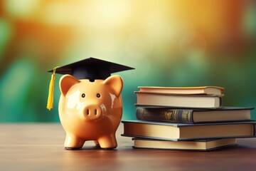 piggy bank with a degree hat on top stack of books, Education background concept with Copy space. - obrazy, fototapety, plakaty