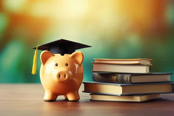 Fotobehang piggy bank with a degree hat on top stack of books, Education background concept with Copy space. © thanakrit