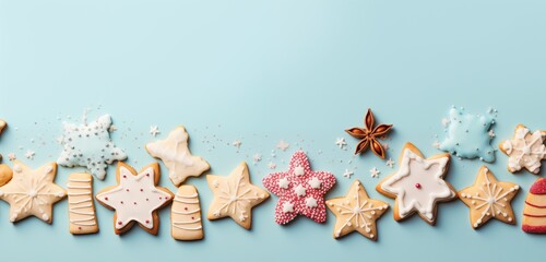 Christmas cookies with sugar icing on pastel light background with copy space for text