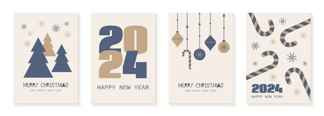Merry Christmas and 2024 Happy New Year greeting cards. Vector set of minimal Christmas posters, banners, covers, social media