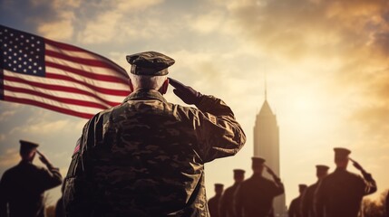 patriot veterans salute against US flag background with empty space for text - obrazy, fototapety, plakaty