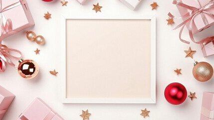 Fototapeta na wymiar Mockup frame with gift boxes and christmas ornaments on white background.