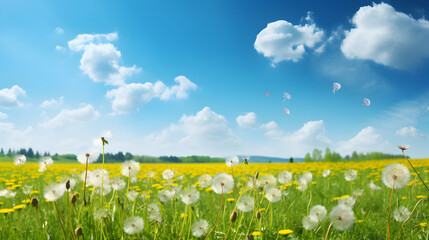 Spring background, blooming meadow, wild flowers, wide format, copy free space, generative ai