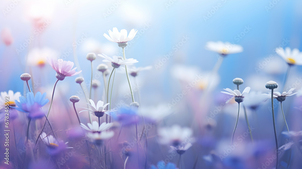 Wall mural Beautiful wildflowers chamomile, purple coloring. Landscape wide format, copy space, cool blue tones. Meadow garden background, wallpaper. Generative ai.