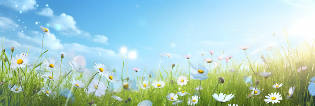 Spring background, blooming meadow, wild flowers, wide format, copy free space, generative ai