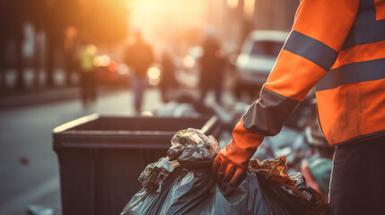 A city municipality waste collection worker collects trash for removal. ai generative