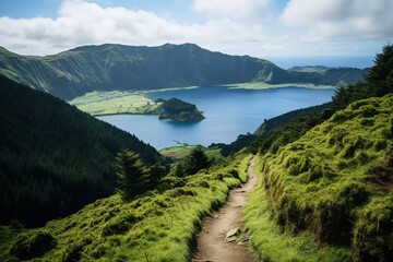 Walking path to the lake in the mountains, Azores, Portugal