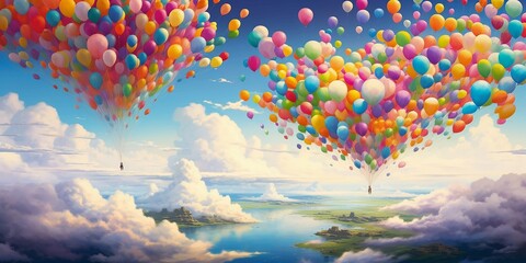 A million of multi - colored ballons flying away in a cloudy sky and becoming clouds - obrazy, fototapety, plakaty