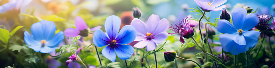 Fototapeta premium Floral spring background in a garden meadow. Close-up of blooming flowers. Magic light. Summer wide banner. Seasonal backdrop, wallpaper. Generative ai.