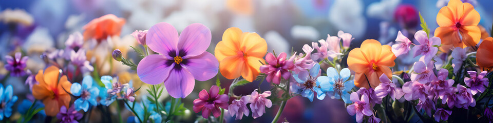 Floral spring background in a garden meadow. Close-up of blooming flowers. Magic light. Summer wide banner. Seasonal backdrop, wallpaper. Generative ai.