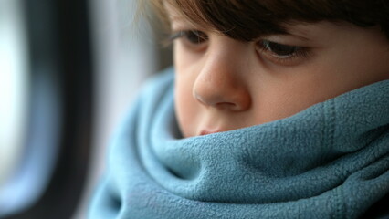 Pensive child close-up face in deep thoughtful emotion wearing scarf. One little caucasian boy lost in thought