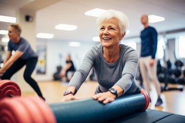 Lifestyle portrait photography of a focused old woman doing exercises on a foam roller in a gym. With generative AI technology