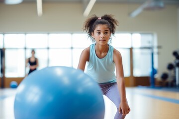 Sports portrait photography of a concentrated kid female doing swiss ball exercises in an empty room. With generative AI technology