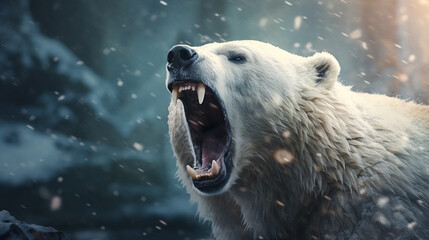 Polar bear growls angrily, winter background. ai generative - obrazy, fototapety, plakaty