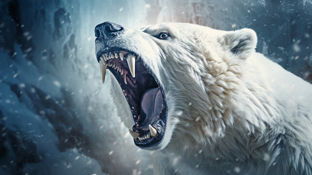 Polar bear growls angrily, winter background. ai generative