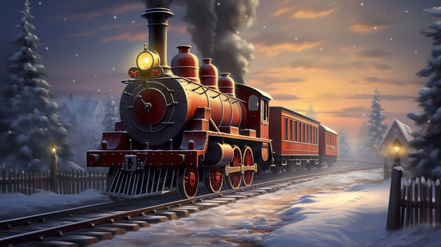 a red train on a railroad track in winter. Fantasy concept , Illustration painting.