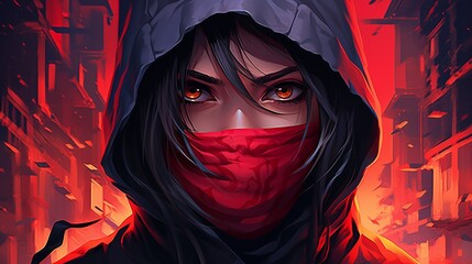 A ninja girl in a black hood and a red bandage on her face against the background of a night city. Fantasy concept , Illustration painting.
