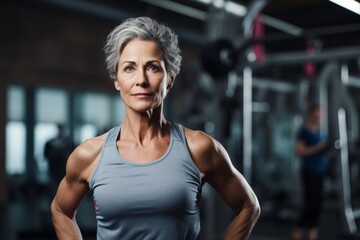 Fototapeta na wymiar tired mature woman doing plyometric exercises in a gym