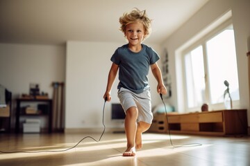 satisfied kid male jumping rope in an empty room - obrazy, fototapety, plakaty