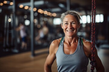Lifestyle portrait photography of an active mature woman practicing rope climb in a gym. With generative AI technology