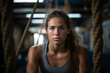 Obraz premium Photography in the style of pensive portraiture of an exhausted girl in her 20s practicing rope climb in a gym. With generative AI technology
