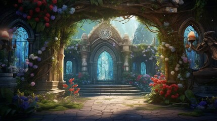 Fototapeta na wymiar A lovely hidden garden fit for a fairy tale, complete with flower arches and vibrant foliage. Background digital painting