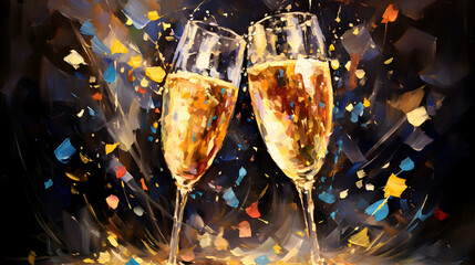 Raising a toast with champagne, celebrating the new year, alkohol splash, bokeh colorful background with free copy space, blank, greetings card, invitation template, generative ai - obrazy, fototapety, plakaty
