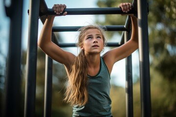 Medium shot portrait photography of a concentrated kid female practicing pull ups outdoors. With generative AI technology - obrazy, fototapety, plakaty