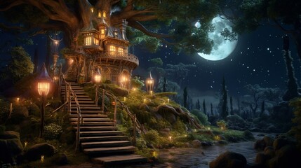 A nighttime forest scene including a tree house in a lovely fantasy fairy tale