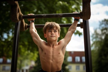 Fototapeta premium Medium shot portrait photography of an energetic boy in his 30s practicing pull ups outdoors. With generative AI technology