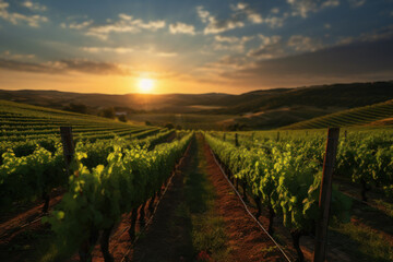 The sun setting over a vineyard, casting long shadows between rows of grapevines. Concept of...