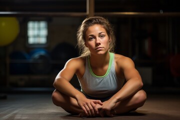 Three-quarter studio portrait photography of a satisfied girl in her 30s doing sit ups in a gym. With generative AI technology - obrazy, fototapety, plakaty