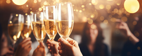 People hold glasses of champagne and make a toast. Champagne with blurred background.Celebrating Christmas or New Year's party. ai generative - obrazy, fototapety, plakaty