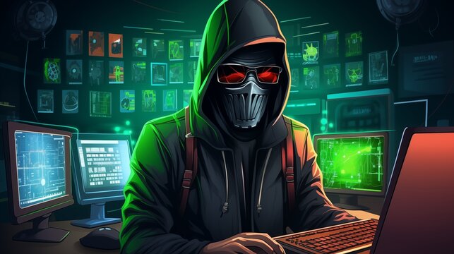 A hacker in a mask and glasses is sitting at a computer. Fantasy concept , Illustration painting.