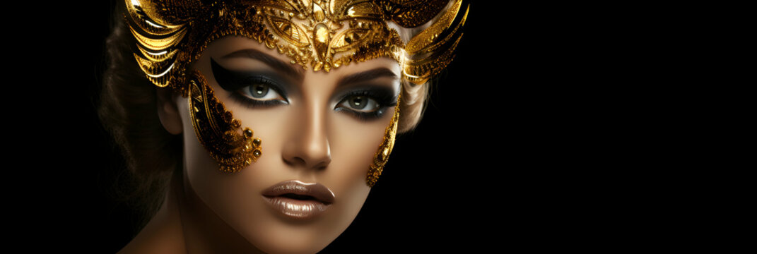 Golden woman. Beauty fashion model girl with golden make up, hair and jewellery on black background. Generative AI.