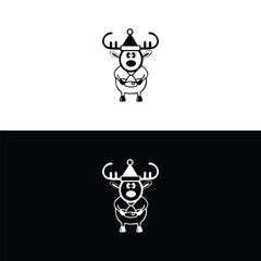 Christmas reindeer. Elk deer sled with red nose horns and hooves sweet candy red ribbon and bell. . Winter holiday. Vector,reindeer outline icon in white and black colors. 