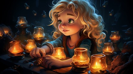 a girl with blonde hair sits in front of candles and lanterns. Fantasy concept , Illustration painting. - obrazy, fototapety, plakaty