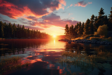 Fototapeta na wymiar A warm sunset over a serene lake, creating a stunning reflection on the water's surface. Concept of serene waterfronts and beauty. Generative Ai.