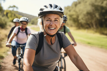 Fototapeta na wymiar A smiling middle-aged woman wearing a helmet enjoys a sporty bike ride with friends. ai generative