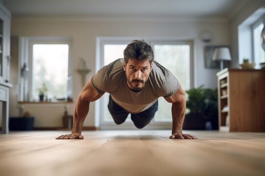 Sports portrait photography of a satisfied mature man doing push ups in an empty room. With generative AI technology