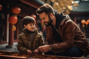 A family visiting a Confucius temple to pay their respects and seek wisdom. Concept of education and cultural values. Generative Ai. - obrazy, fototapety, plakaty
