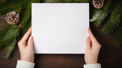 Female hands holding blank paper sheet with fir tree branches on wooden background.