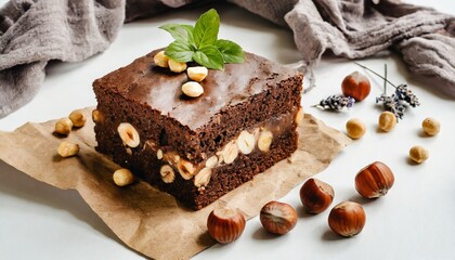 Piece of brownie cake with hazelnuts on white background
