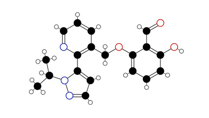 voxelotor molecule, structural chemical formula, ball-and-stick model, isolated image thrombosis agents