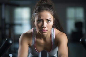 Fototapeta premium Close-up portrait photography of an exhausted girl in her 30s practicing elliptical bike in an empty room. With generative AI technology