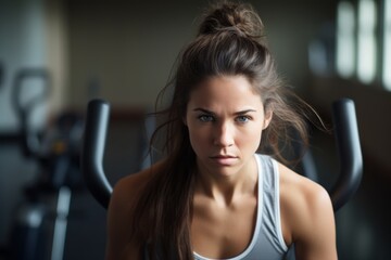 Close-up portrait photography of an exhausted girl in her 30s practicing elliptical bike in an empty room. With generative AI technology