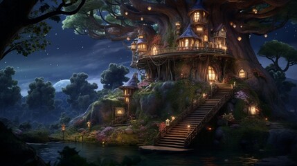 Fototapeta na wymiar A nighttime forest scene including a tree house in a lovely fantasy fairy tale