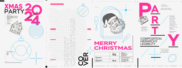 Naklejka premium Merry Christmas and Happy New Year! 2024. Modern minimalistic Christmas banner. Vector illustration with elements of typography. Vector geometric objects. Trendy retro style.